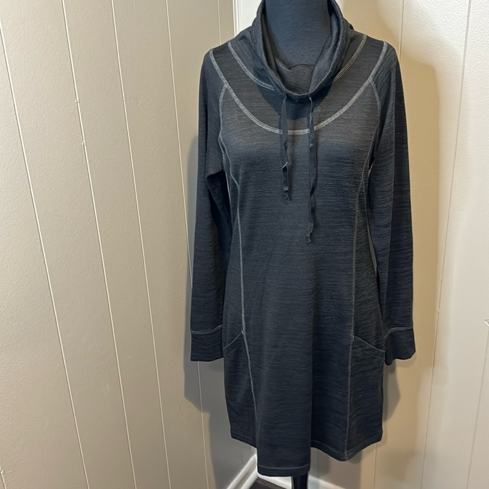 KUHL Lea stretch knit black drawstring cowl neck midi. Medium.
